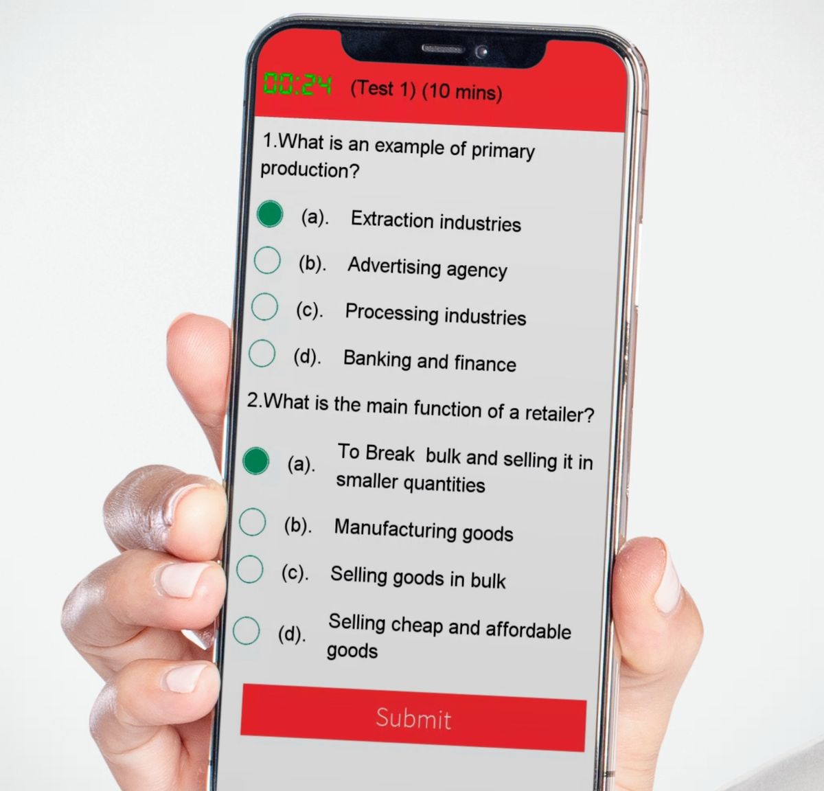A mobile learning app quiz screen shown on a phone