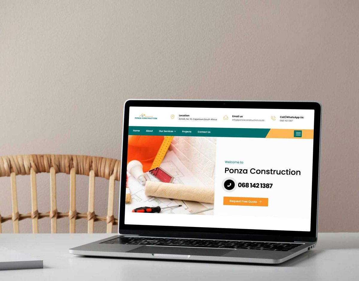 Ponza Construction website shown on a laptop