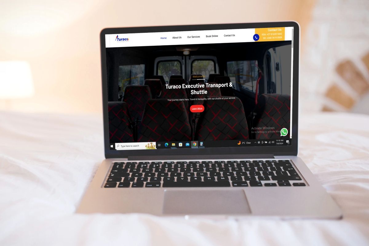 Turaco Executive Shuttles taxi booking website shown on a laptop